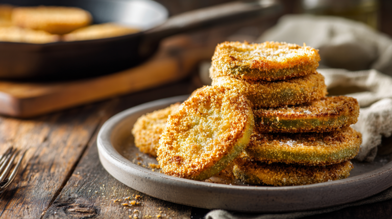Fried green tomatoes with crispy golden cornmeal crust on a plate in a modern kitchen