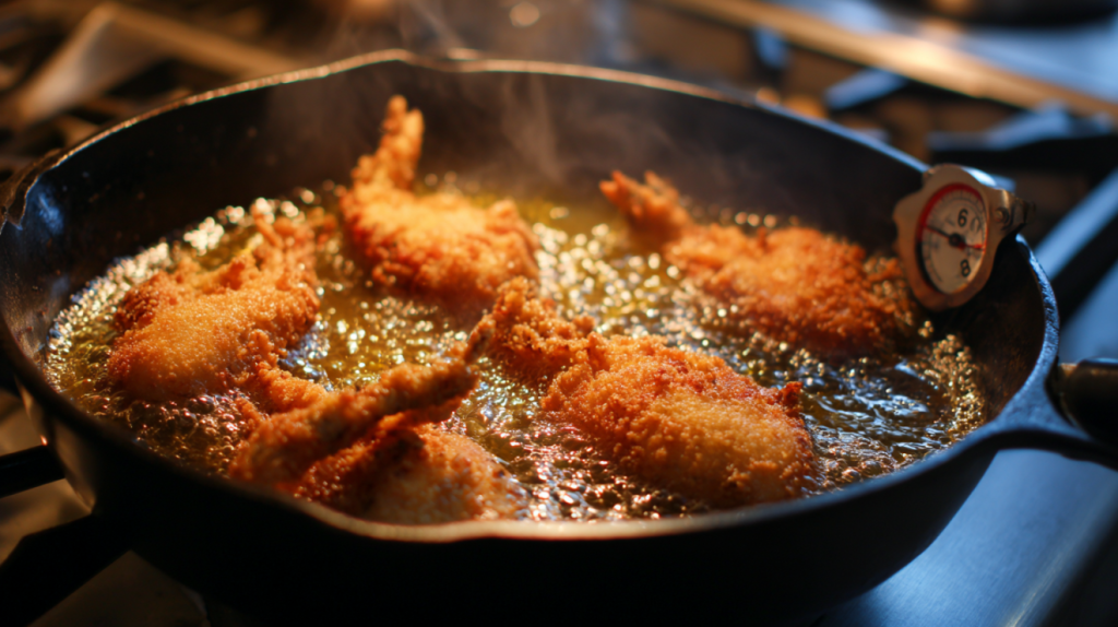 Buttermilk fried bullfrog legs cooking in a cast iron skillet at 350 degrees