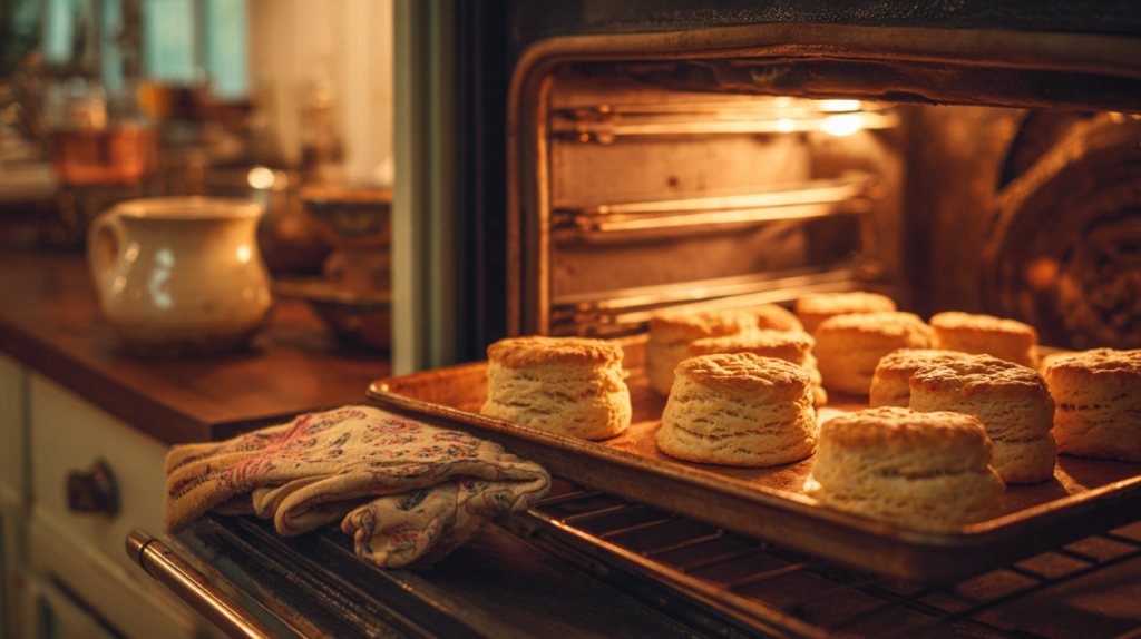 Southern oven cooking with golden brown biscuits baking in a home oven