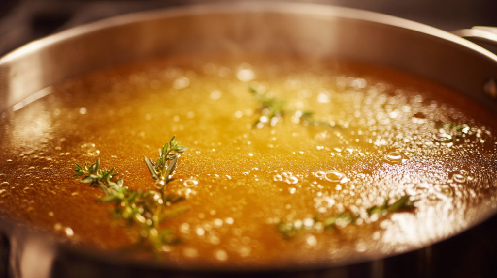 Golden chicken broth simmering gently on the stove