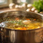 Homemade chicken broth simmering in a large stockpot on a Southern kitchen stove