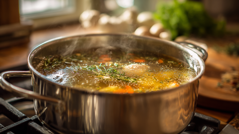 Homemade chicken broth simmering in a large stockpot on a Southern kitchen stove