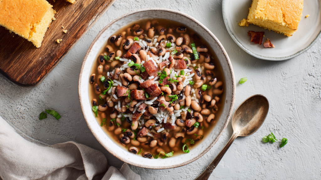Hoppin John with black-eyed peas and rice in a modern kitchen bowl