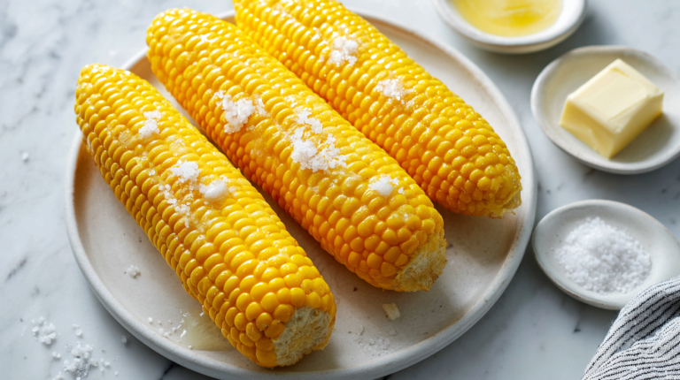 Golden buttered corn on the cob cooked from frozen on a clean modern plate