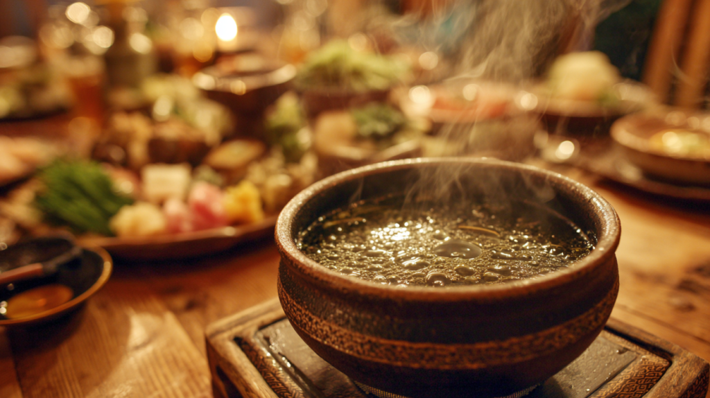 Shabu shabu kombu broth simmering gently in a pot on a tabletop burner