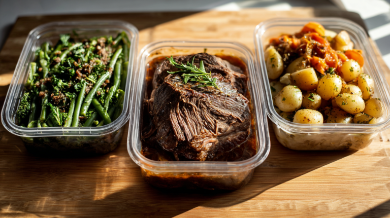 Leftover pot roast transformed into multiple weekly meals on a modern kitchen counter
