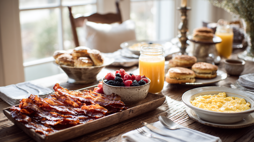 Million dollar bacon served at brunch with biscuits and scrambled eggs