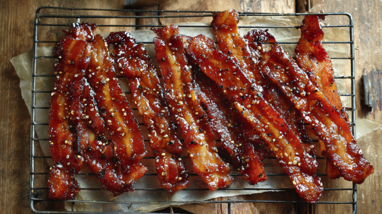 Million dollar bacon with caramelized brown sugar glaze on a wire cooling rack