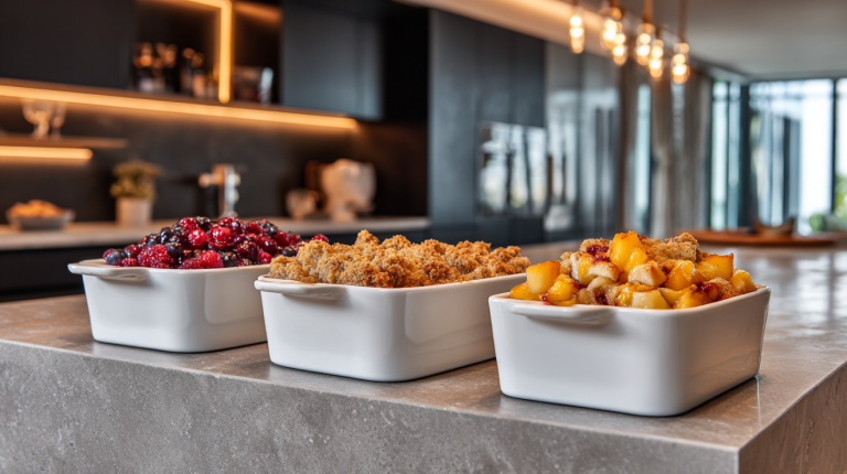 Three modern white baking dishes containing cobbler, crisp, and crumble on a stone island.