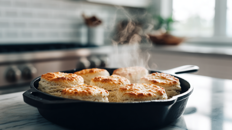 Fresh buttermilk biscuits in a cast iron skillet on a dark quartz countertop in a modern kitchen.
