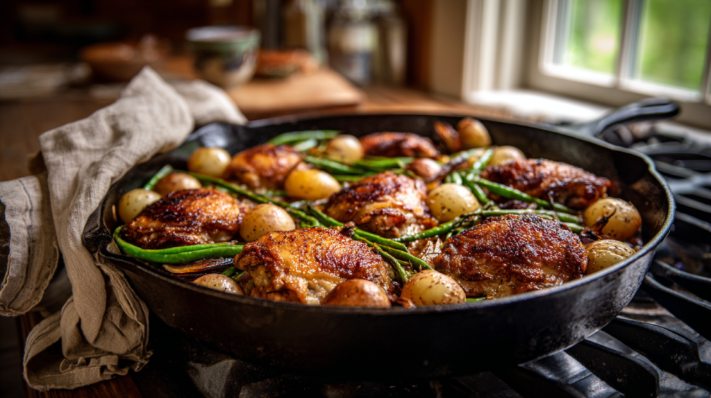 One-skillet Southern meal with seared chicken and vegetables in a cast iron skillet