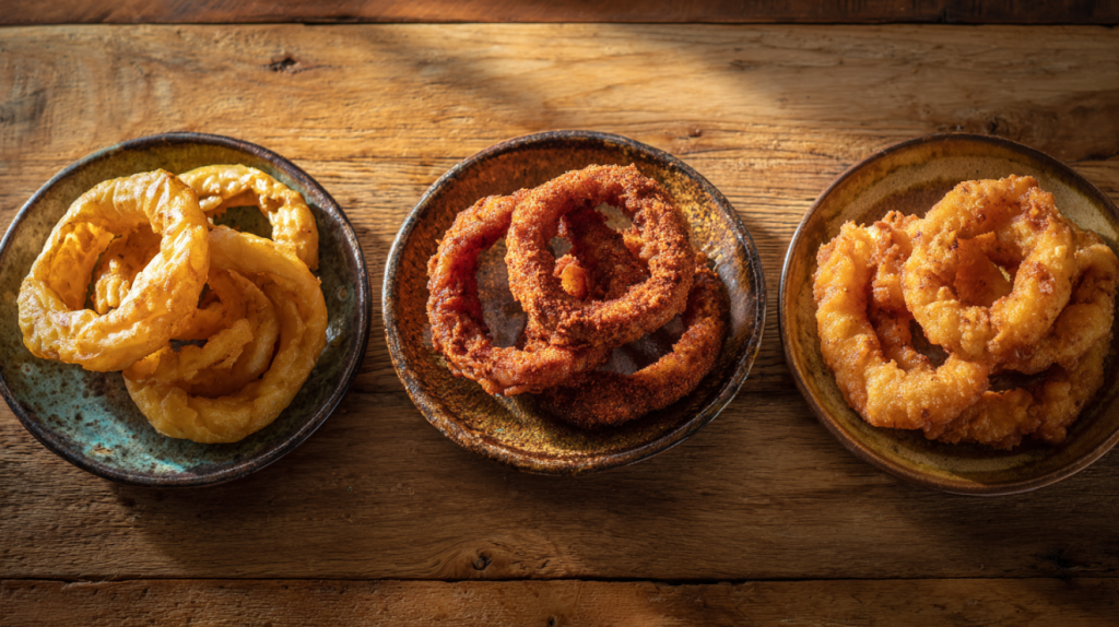 Three onion ring recipe variations showing classic, Cajun, and cornmeal-crusted styles