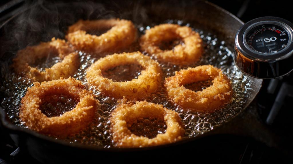 Southern onion rings frying in a Dutch oven at 350 degrees for perfect crispy results
