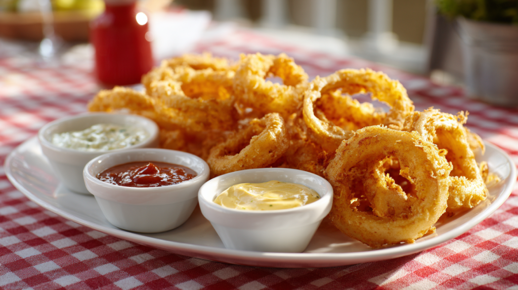 Onion ring recipe platter with Southern dipping sauces on checkered tablecloth