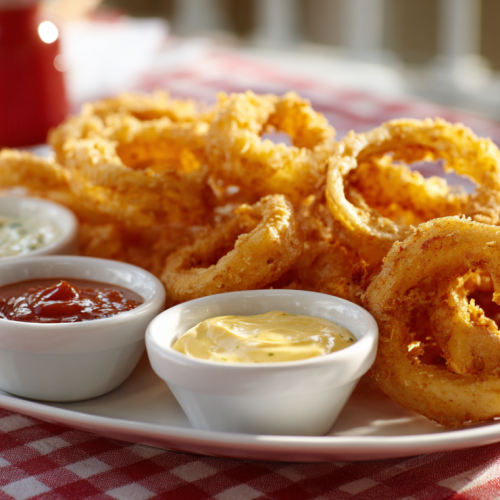 Onion ring recipe platter with Southern dipping sauces on checkered tablecloth