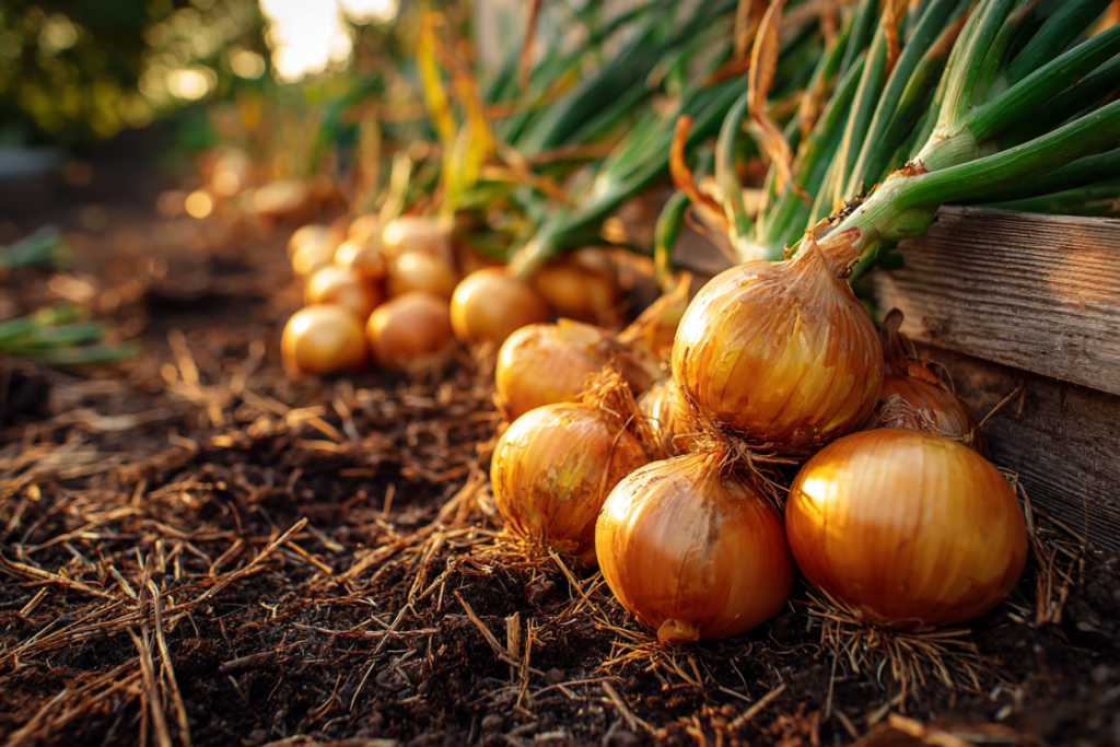 Golden onions curing in the sun after harvest in a Southern garden with rich soil and straw mulch