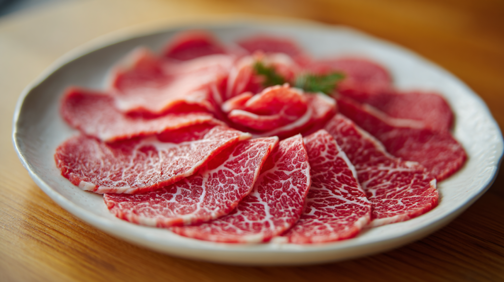 Paper-thin sliced beef for shabu shabu recipe arranged on a serving platter