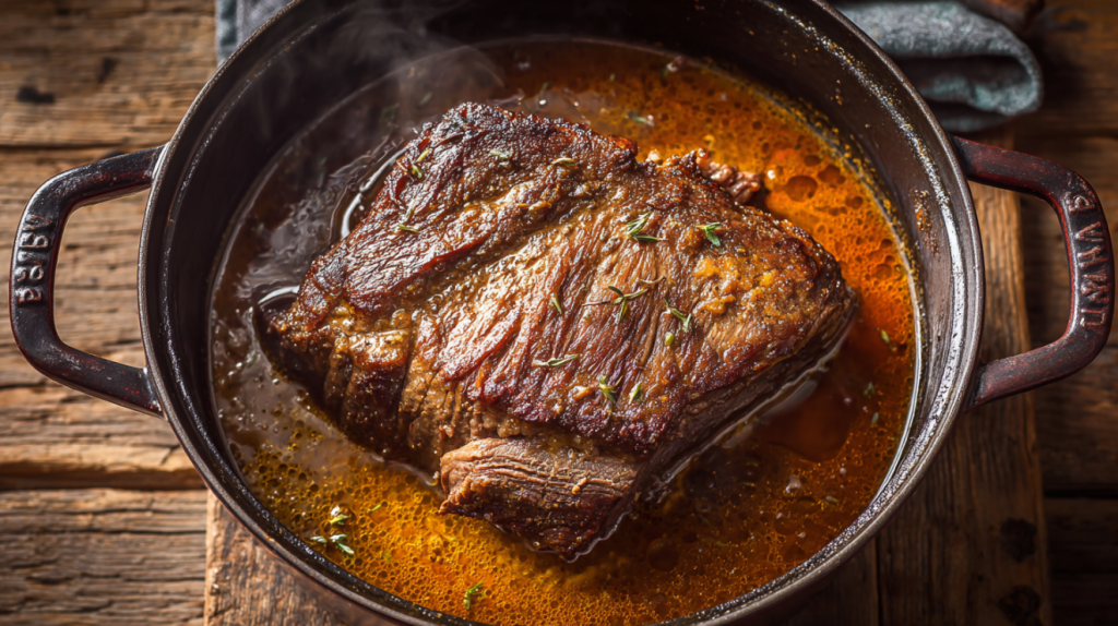 Peanut butter pot roast braising in a Dutch oven with rich gravy