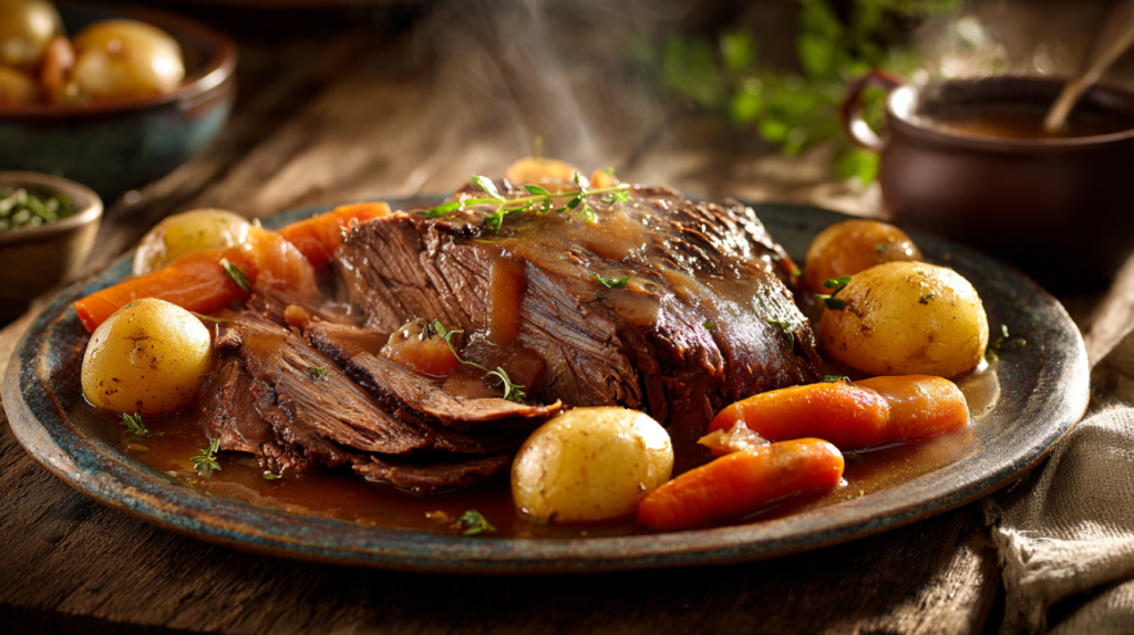Peanut butter pot roast with velvety gravy on a farmhouse table