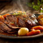 Peanut butter pot roast with velvety gravy on a farmhouse table