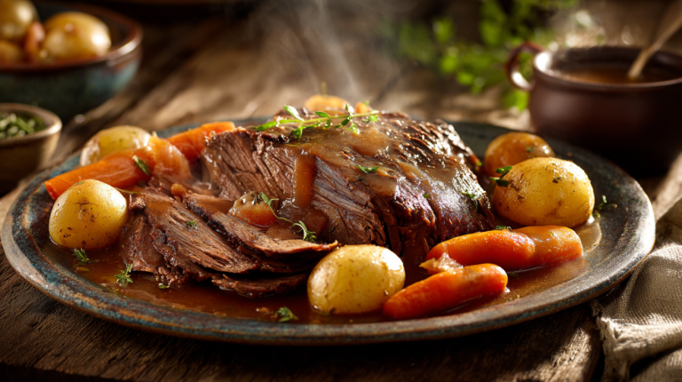 Peanut butter pot roast with velvety gravy on a farmhouse table