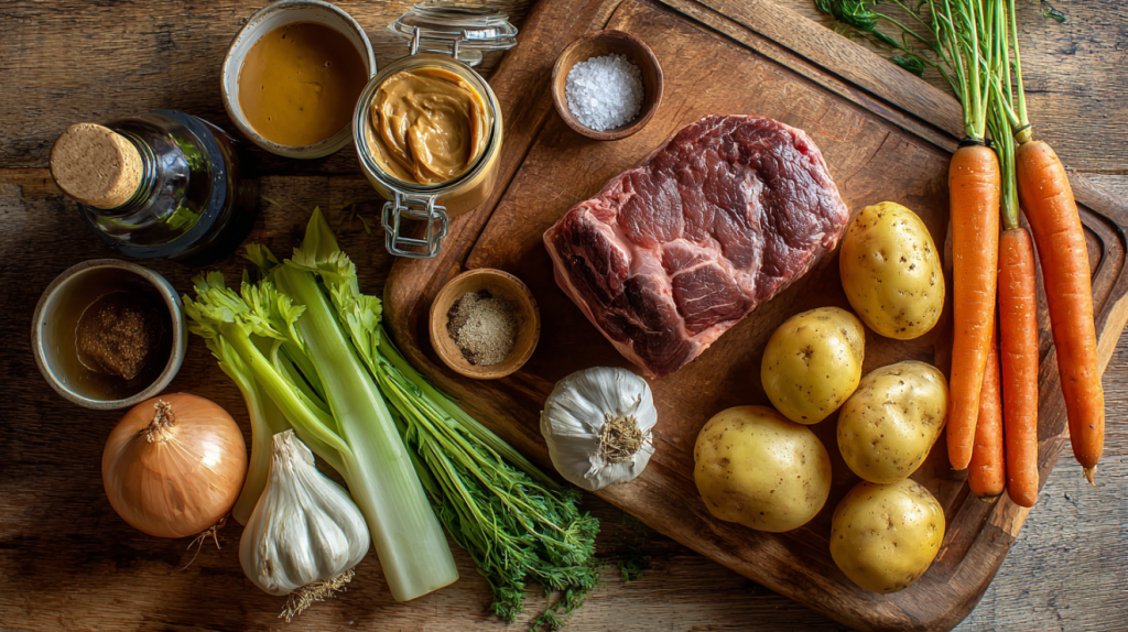 Peanut butter pot roast ingredients including chuck roast and creamy peanut butter