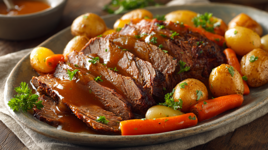 Sliced peanut butter pot roast on a platter with vegetables and rich gravy