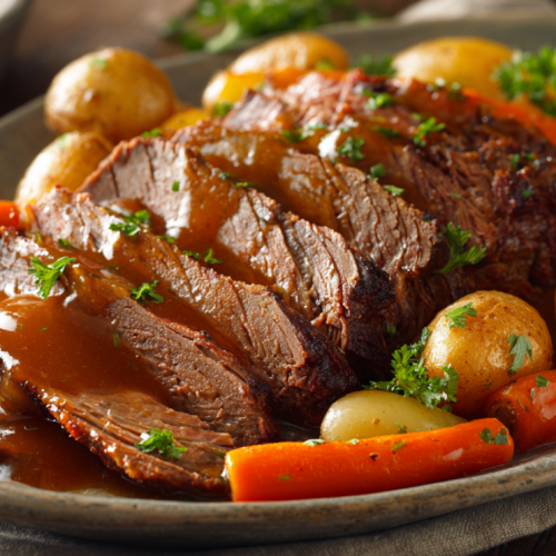 Sliced peanut butter pot roast on a platter with vegetables and rich gravy
