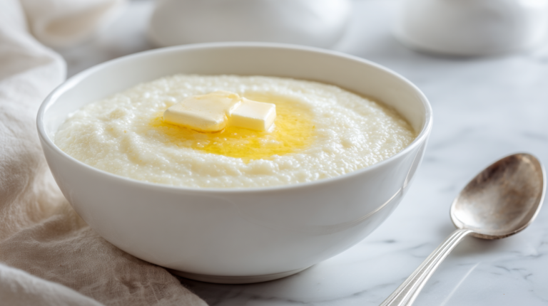 Perfect creamy grits with melting butter in a clean white bowl on a modern surface