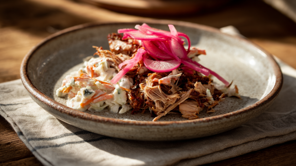Pickled radish slices served alongside Southern pulled pork and coleslaw