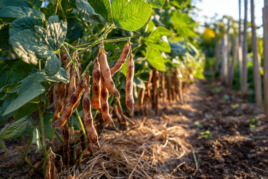 Pinto bean plants with speckled pods drying on the vine in a Southern garden with rich dark soil