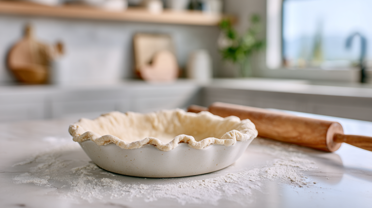 Raw flaky pie dough being crimped on a clean stone countertop in a modern kitchen.