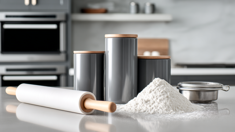 Ceramic flour canisters and a modern marble rolling pin on a grey quartz countertop.