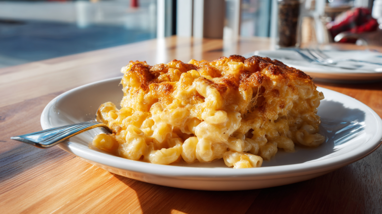 Perfectly reheated mac and cheese that is creamy with no oil separation on a modern kitchen table