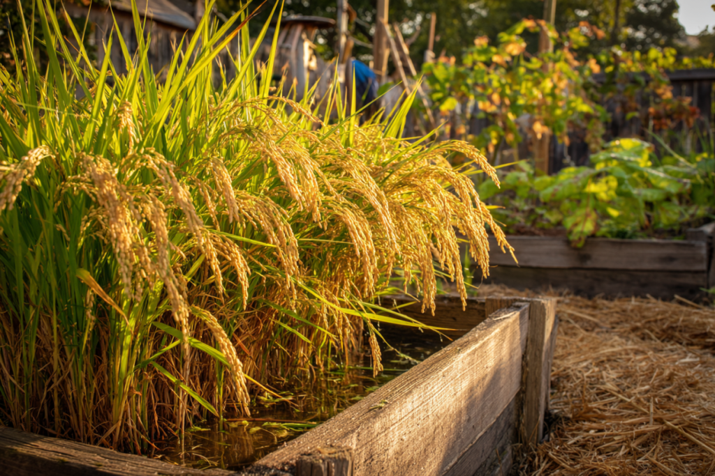 Golden rice panicles bending heavy with grain in a small Southern backyard paddy garden at golden hour