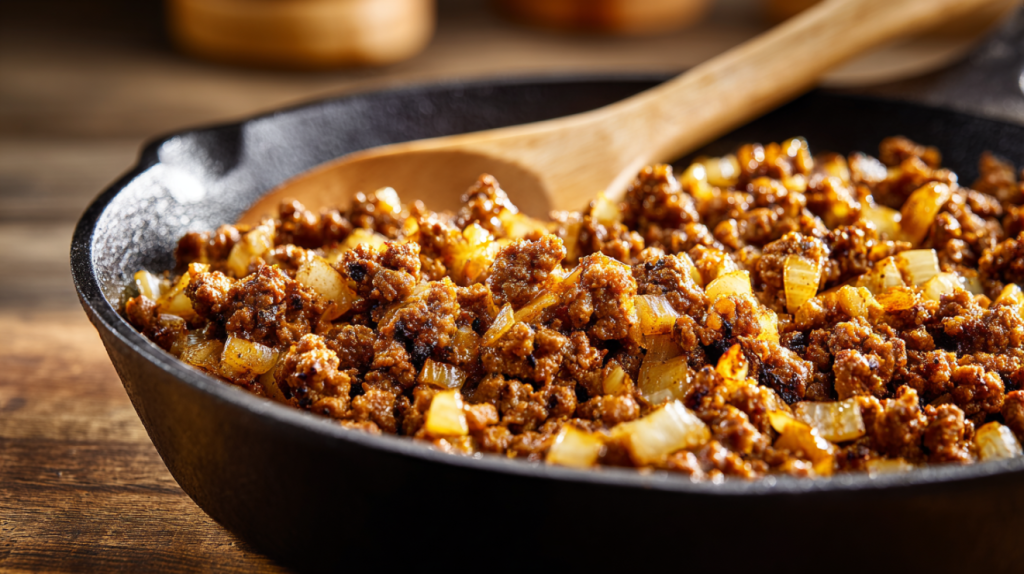 Seasoned ground beef with onions for Big Mac tater tot casserole