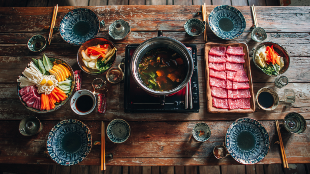 Complete shabu shabu dinner table setup with hot pot, ingredients, and dipping sauces
