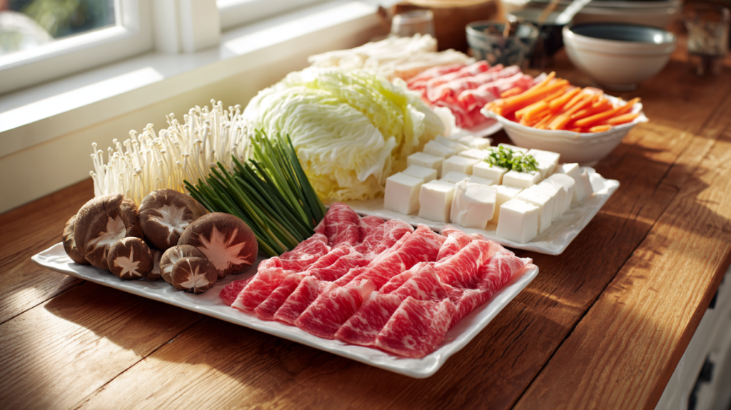 Shabu shabu recipe ingredients arranged on platters with thinly sliced beef and fresh vegetables
