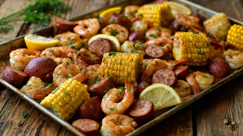Sheet pan shrimp boil with andouille sausage, corn, and potatoes