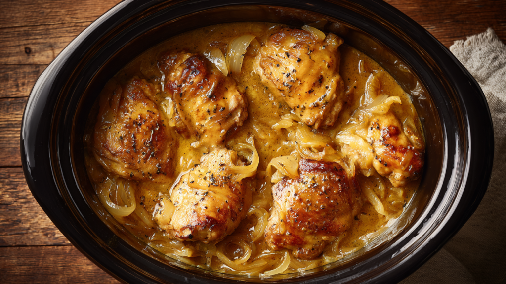 Slow cooker smothered chicken with onion gravy Southern style