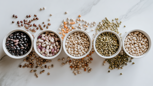 Different varieties of peas including crowder peas lady peas and field peas in modern white bowls