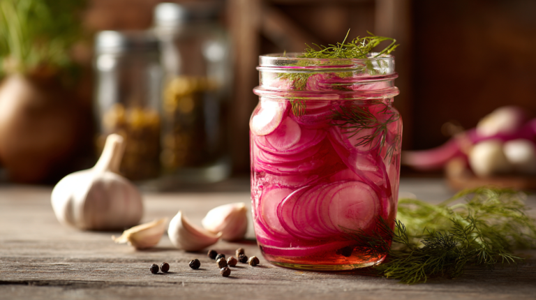 Homemade pickled radish recipe in a mason jar with fresh dill and garlic
