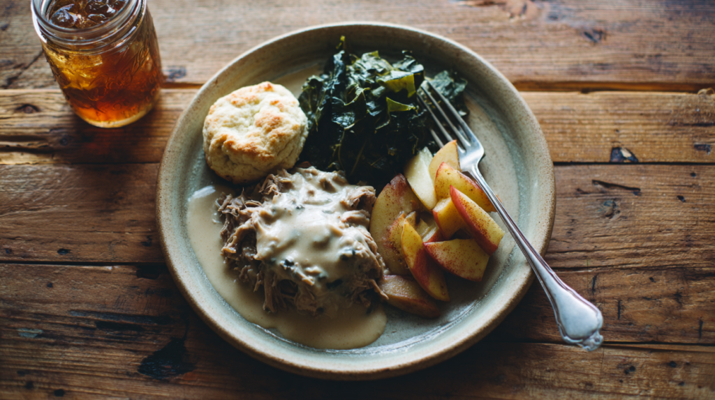 Southern plate with squirrel gravy and biscuits served with greens and fried apples