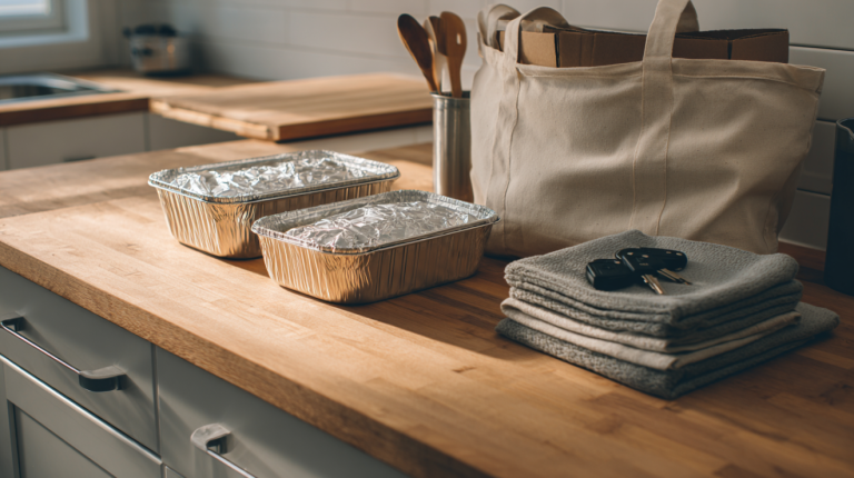 Potluck casserole dishes packed safely for transport on a modern kitchen counter