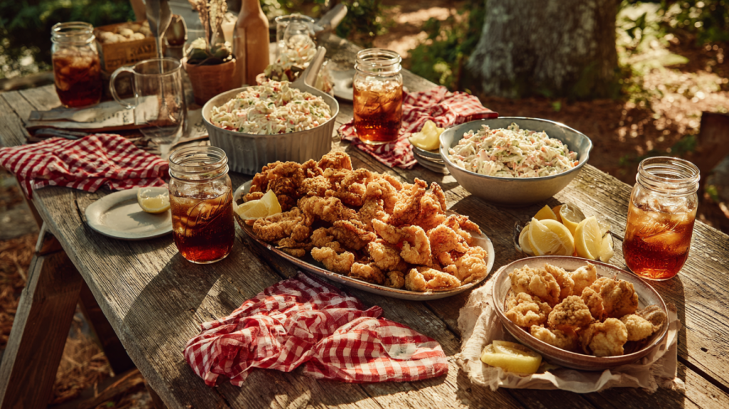 Southern supper spread featuring buttermilk fried bullfrog legs with sides