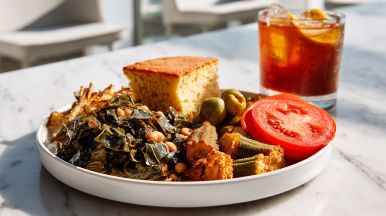 Vegetable plate with collard greens butter beans fried okra mac and cheese and cornbread on a modern plate