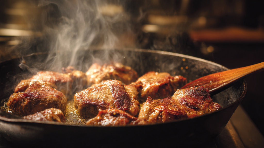 Squirrel pieces browning in bacon grease in a cast iron skillet