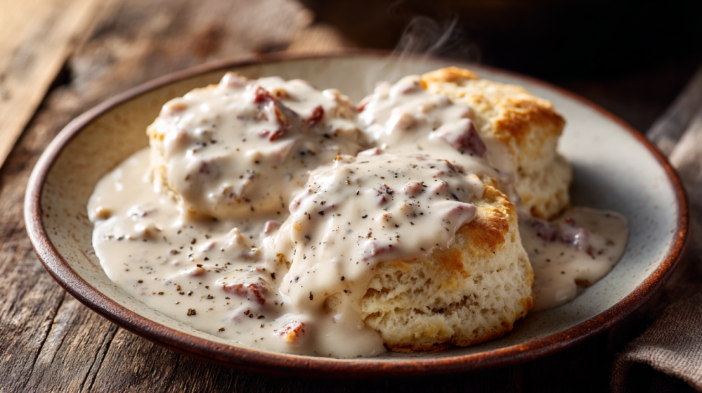 Squirrel gravy and biscuits served on a rustic plate with a cast iron skillet in the background