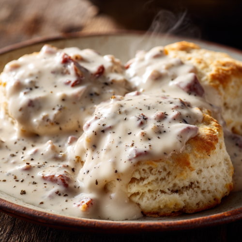 Squirrel gravy and biscuits served on a rustic plate with a cast iron skillet in the background
