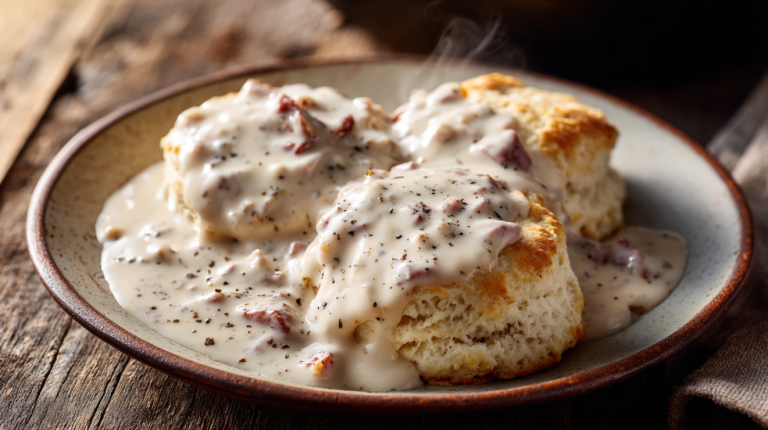 Squirrel gravy and biscuits served on a rustic plate with a cast iron skillet in the background